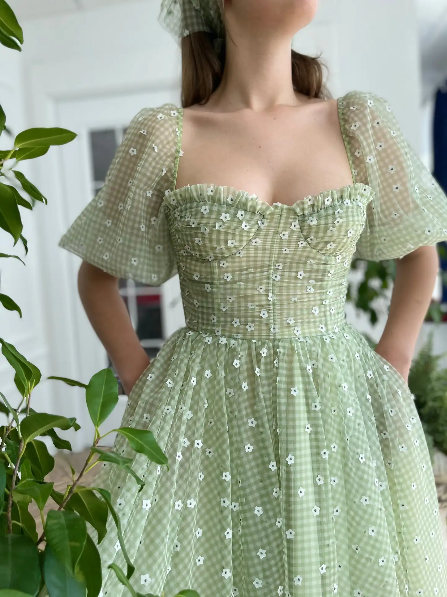 niestandardowe 14863 #   Sage Green Tulle Gingham Maki A Line Prom Dress Puff Sleeves Sweetheart Corset Tea Length Formal Party Gowns