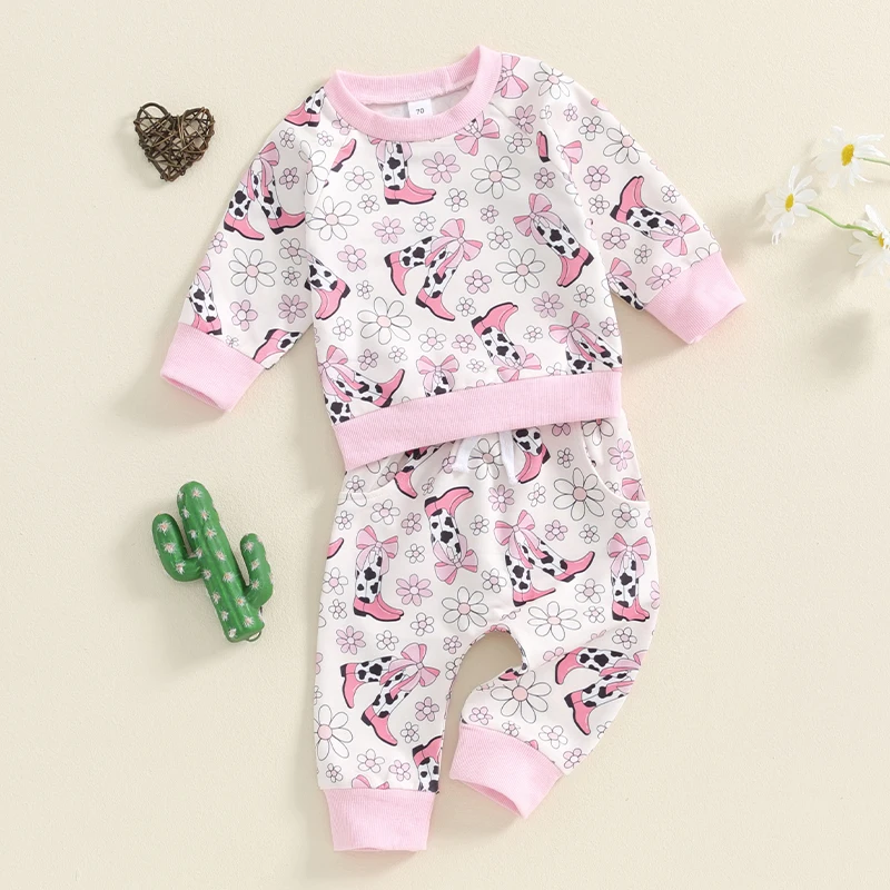 Одежда для маленьких девочек в западном стиле, в ретро стиле, с розовым бантом, брюки-джоггеры, комплект осенней одежды из 2 предметов для малышей