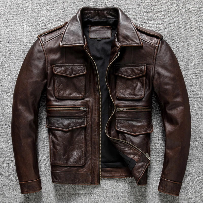 

Heavy Industry Hunting Tooling Head Layer Cowhide Leather Leather Men Vintage Old Lapel Nostalgia Leather Jacket Jacket