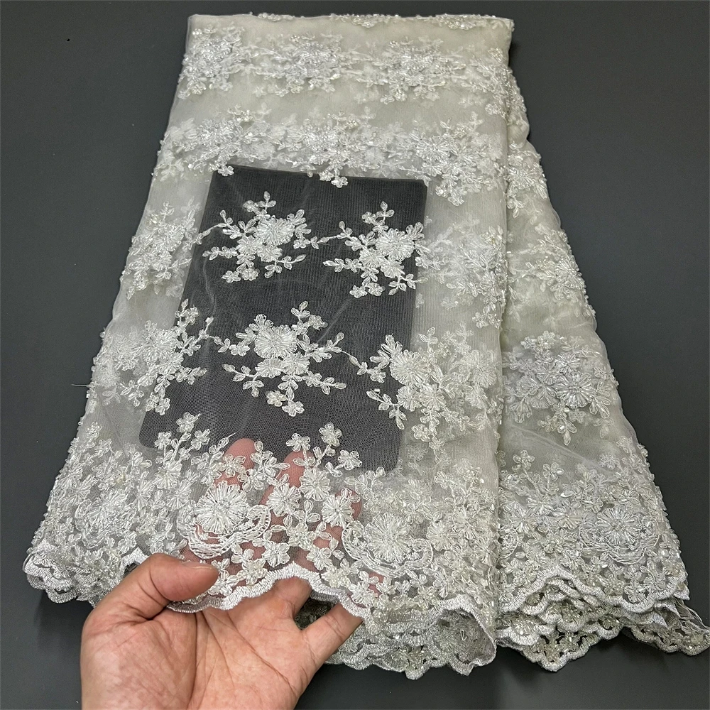 

Luxury African Mesh Lace Sequin Fabric,For Sewing,Clothes,Beaded,Tulle,Wedding Dresses,Embroidery,Fabrics By The Meter,5 Yards