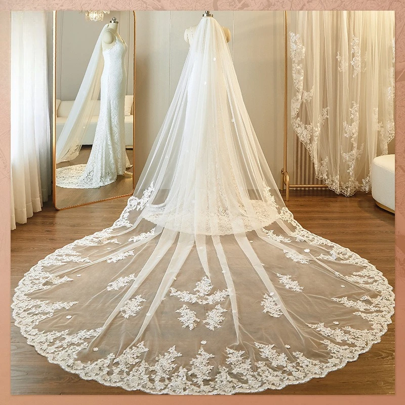 

Long Style Bridal Mopping Veil Wholesale Bridal Embroidered Lace Headdress