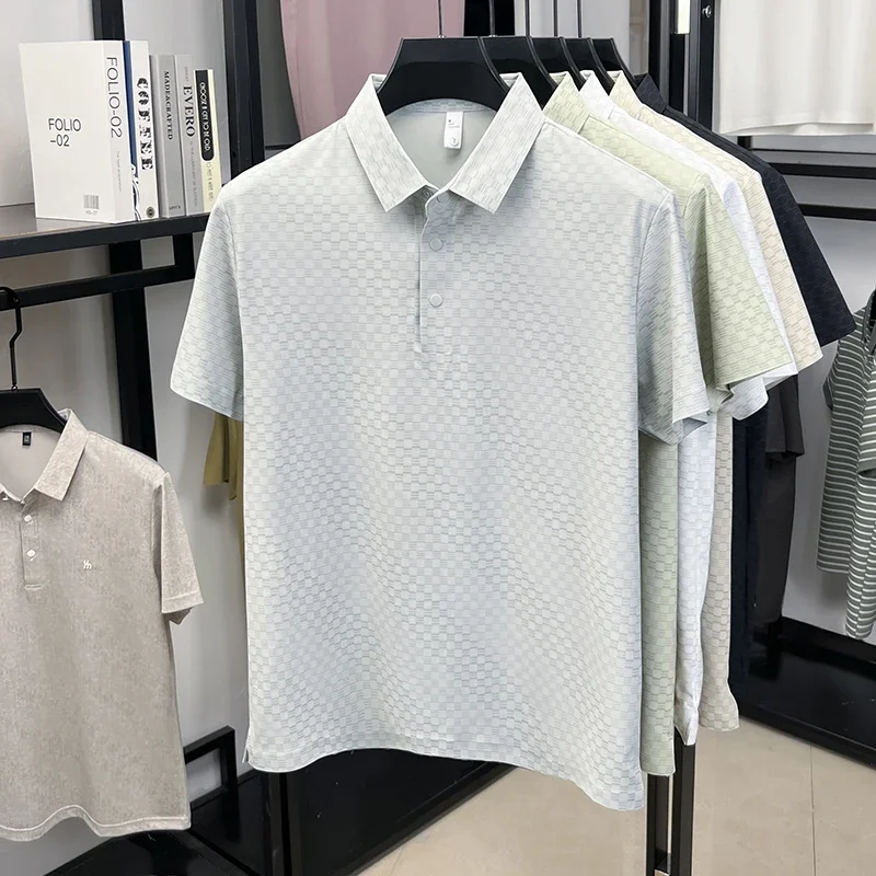 Mens Full Micro Offset Square Jacquard Polo Shirts Summer Moisture Wicking Air Cool Fabric Casual Tops Weekend Travel Outing
