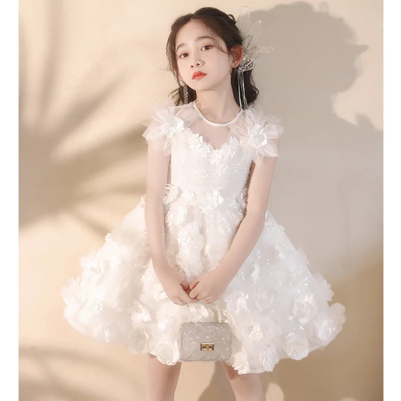 Girls White Elegant Evening Princess Ball Gown Children Fashion Birthday Party Wedding Host Performance Dress g77