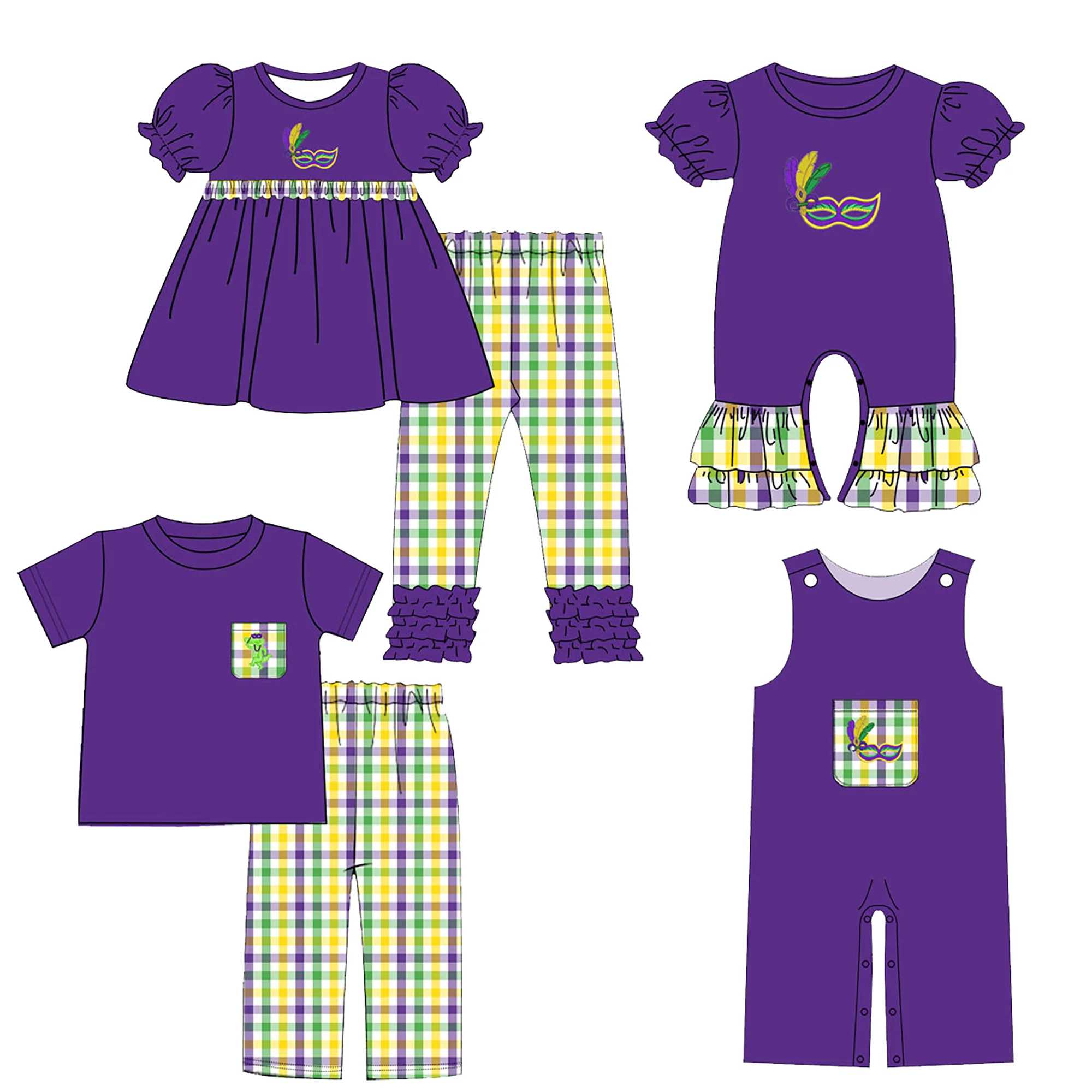 Kids Mardi Gras Outfit Purple Mask Print Gingham Ruffle Pants Set Jumpsuit Toddler Baby Carnival Boutique Clothing view 6