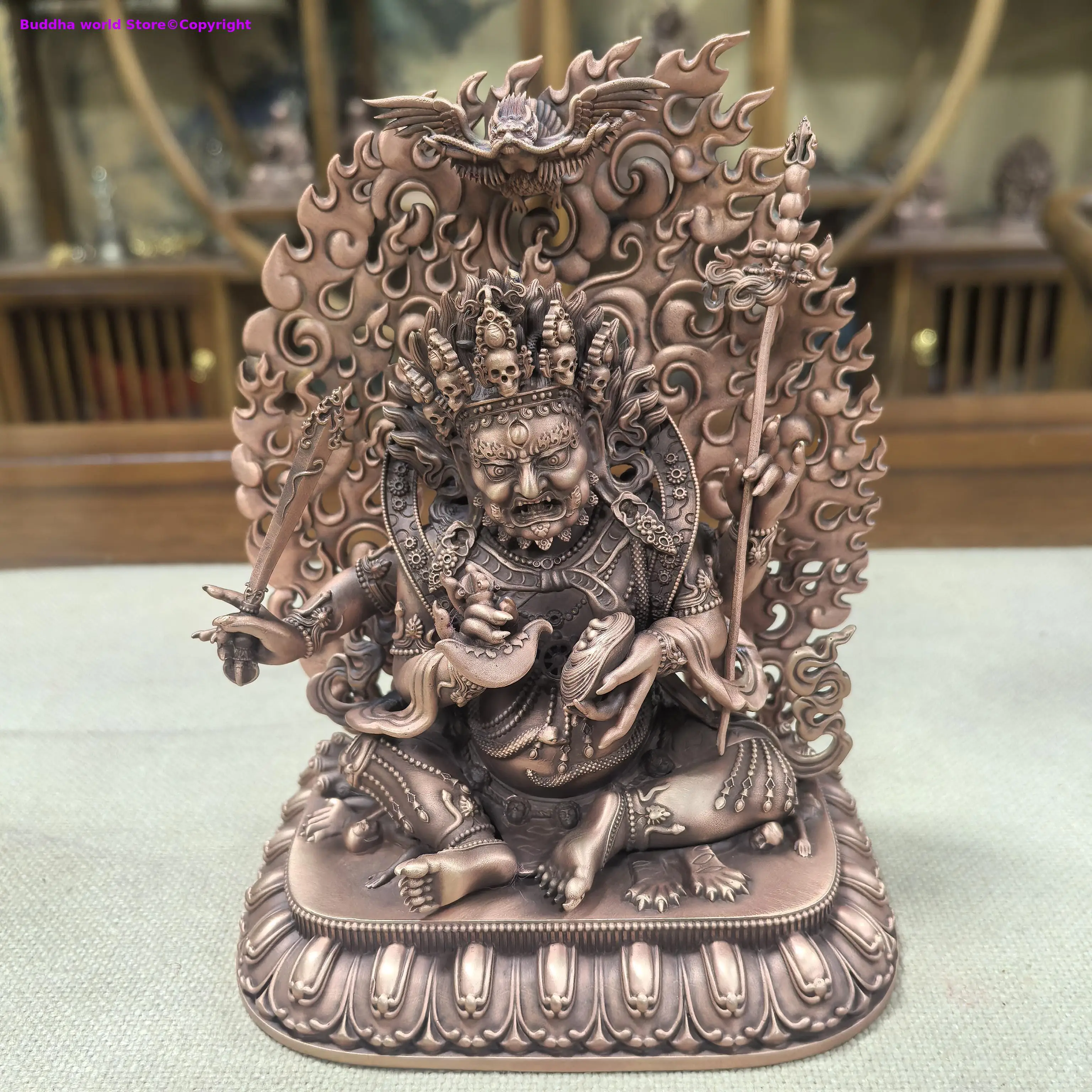 Rare Four arms Protector guardian Copper carving Exquisite Buddha statue Mahakala Buddhist altar tibetan family monk worship