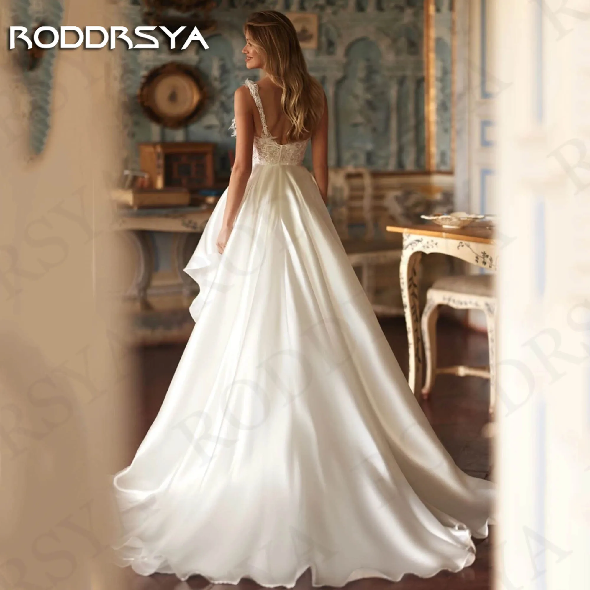 RODDRSYA elegante abito da sposa in raso 2024 sposa senza maniche fiori di pizzo una linea abiti da sposa piume Sweetheart Abito da sposa elegante in raso 2024 Sposa senza maniche  Pizzo Fiori Abiti da Sposa Linea A Pi