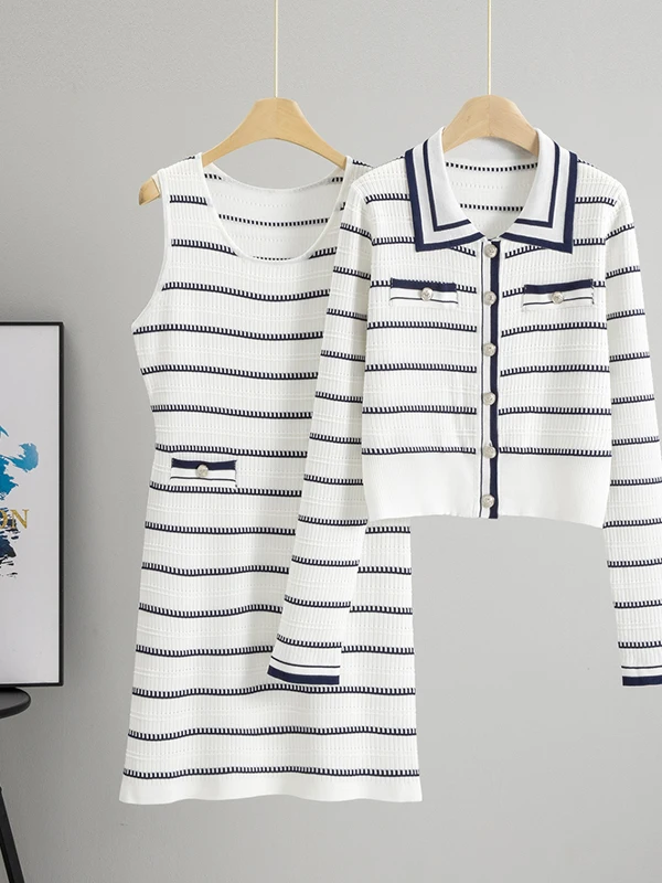 

Casual Knitted Two-Piece Set Women's Stripe Open Cardigan Dress Autumn Winter New Style Leisure Fashion Chinese Guaqiang