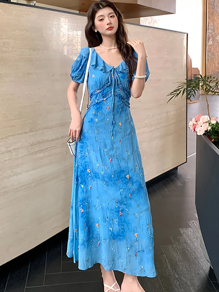 المرأة الأزرق التطريز الأزهار القوس تكدرت طوق فستان طويل الصيف أنيقة ضمادة فستان 2025 الكورية موضة فستان مناسبات غير رسمية