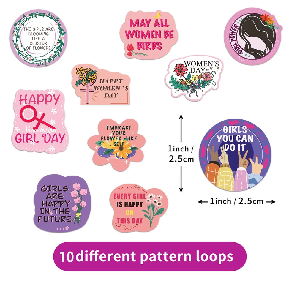 500PCS Women's Day English Creative Decorative Stickers 10 Different Designs 2.5cm/1.0-inch Holiday Card Set Stickers