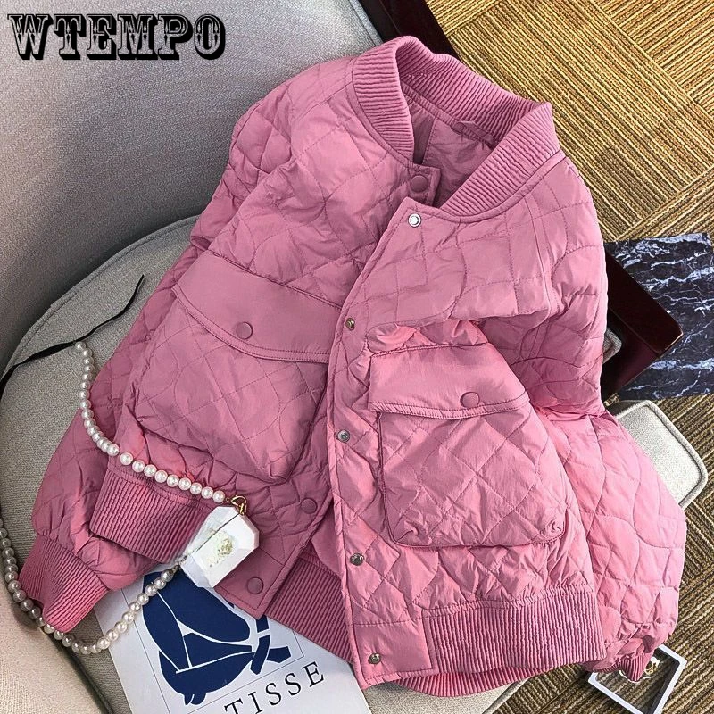 WTEMPO Women Chic Padded Baseball Coat Loose Casual Solid Color Winter Fall Quilted Bomber Jacket Warm Lightweight Down Jackets