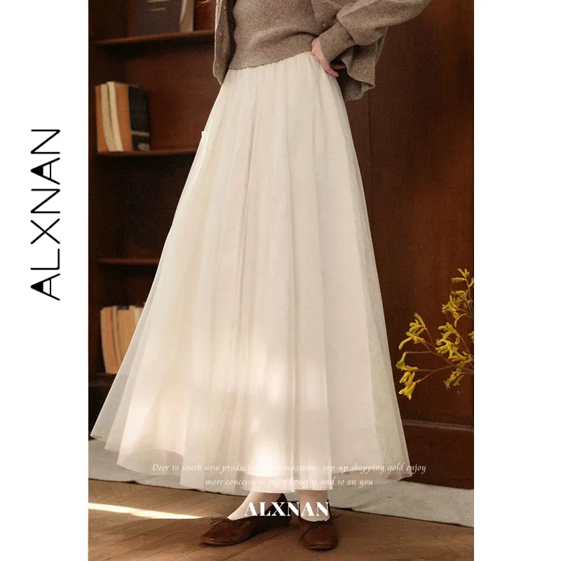 ALXNAN Apricot Midi Skirt Women Autumn High Waist Mesh A‑line Big Swing Maxi Skirt 2026 Elegant Fashion Female Clothing L67729
