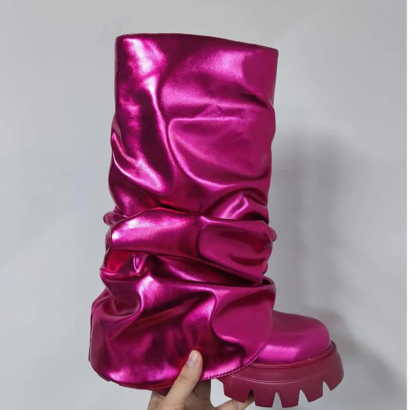 

Foreign Trade New Thick Sole Gold Performance Show Fashion Boots with Wrinkles on One Leg Trouser Sleeve Boots Mid Sleeve Boots