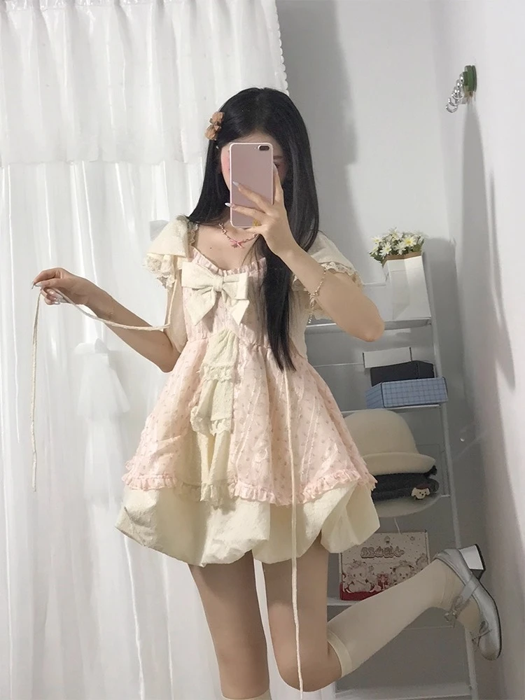 الحلو Kawaii القوس الدانتيل النساء لوليتا فساتين مجموعات نفخة الأكمام كشكش الطبقات الجنية فساتين الإناث الأميرة خمر Kawaii وتتسابق