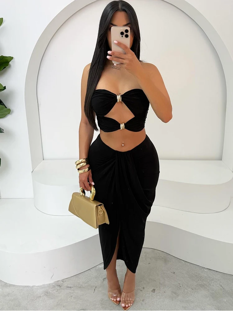 Kliou مثير منتصف الليل المرأة 2 قطعة مجموعة Coquette الساخن الجوف مطوي الدبابات الصغيرة + الصليب ماكسي التنانير الإناث الصلبة جديد ملابس الحفلات