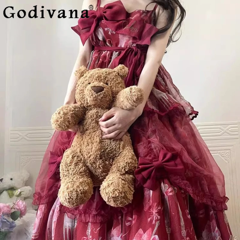 로리타 무대 JSK 보우 레드 서스펜더 드레스 여성 민소매 빅 스윙 크리스마스 드레스 여성 파티 코스프레 드레스