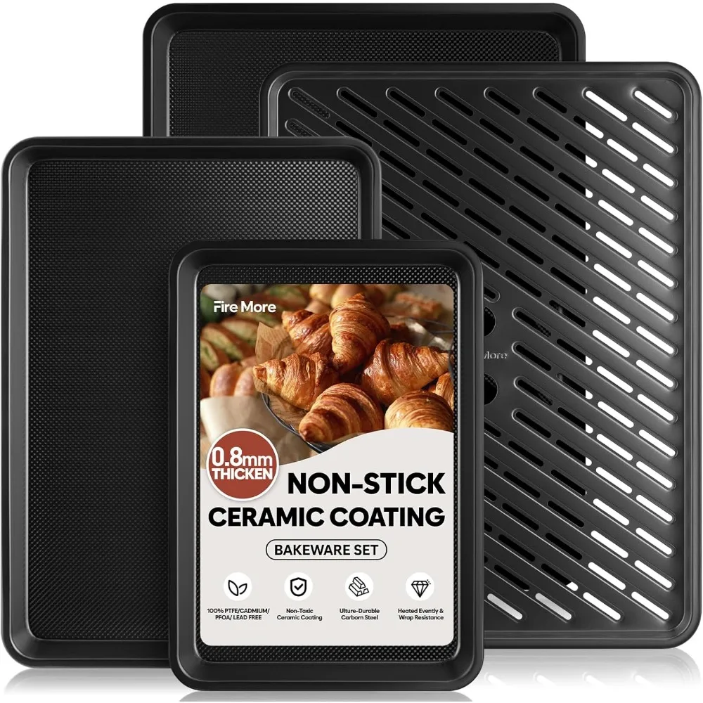 

4-Pack Nonstick Baking Sheet Set with Cooling Rack, 0.8mm Thick Oven Pans for Cookies and Roasts
