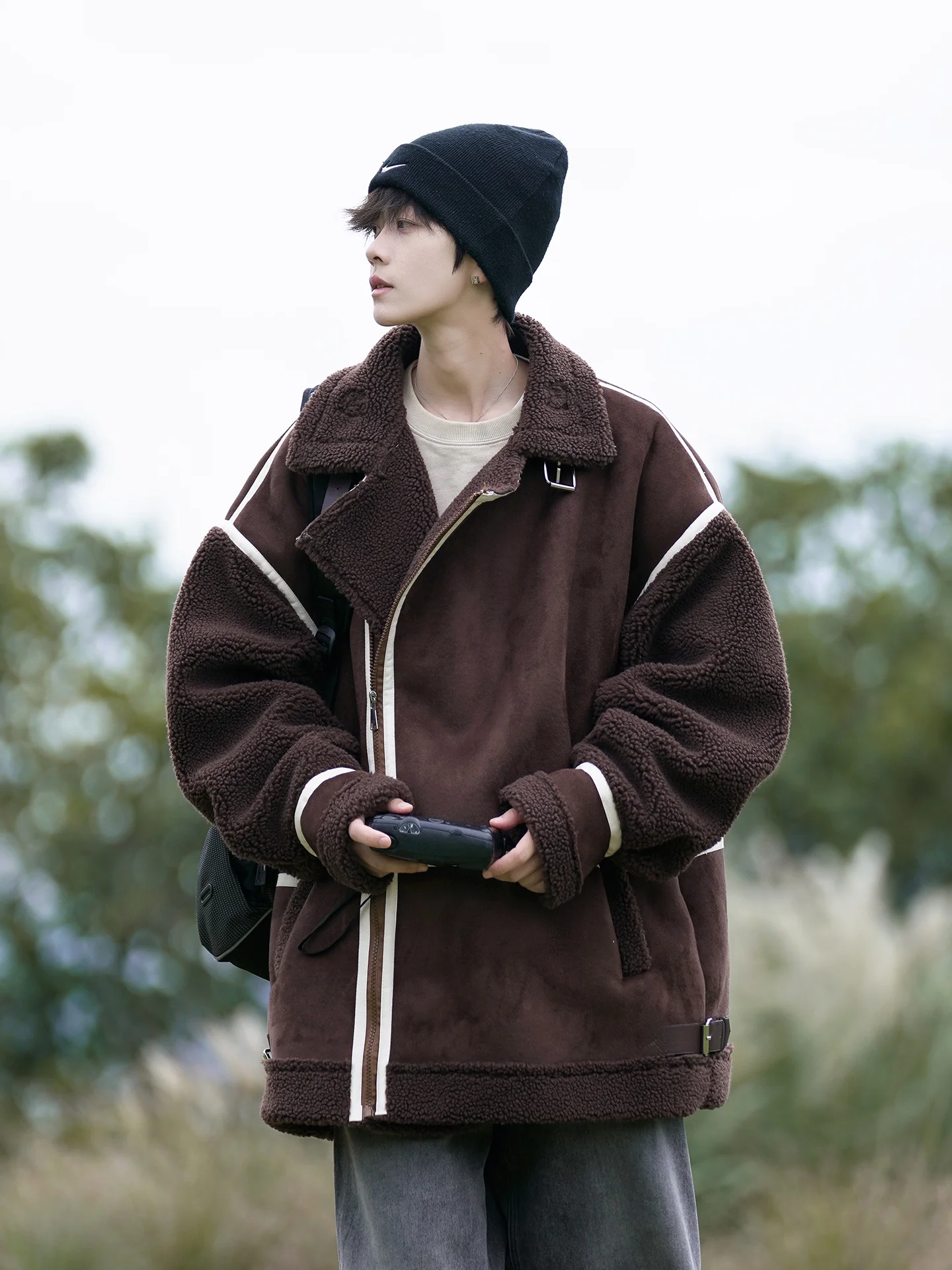 

Retro American Sle Thiened Lamb Fur Collar Cotton Jaet Men's Winter Coat Youth Casual Faion Warm Flap ket Zipper