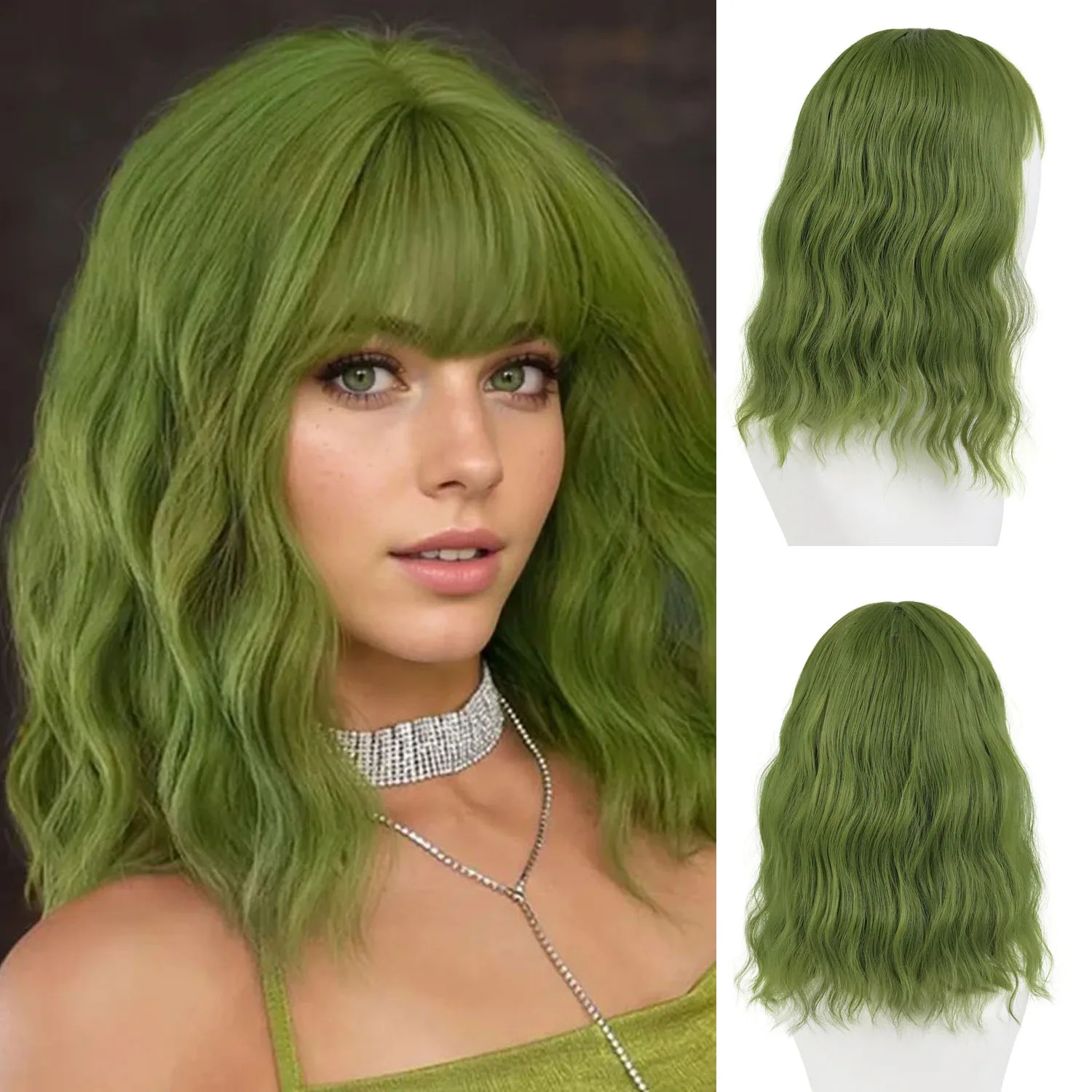 

14 Inch Green Cosplay Wigs Synthetic Short Wavy Wig with Bangs Halloween Costume Wig for Women Christmas Party Heat Resistant