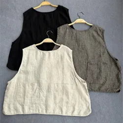 Johnature 2024 Pullover Japanese Sleeveless Linen Women Vests Summer New Casual O-neck All Match Pockets Women Vests