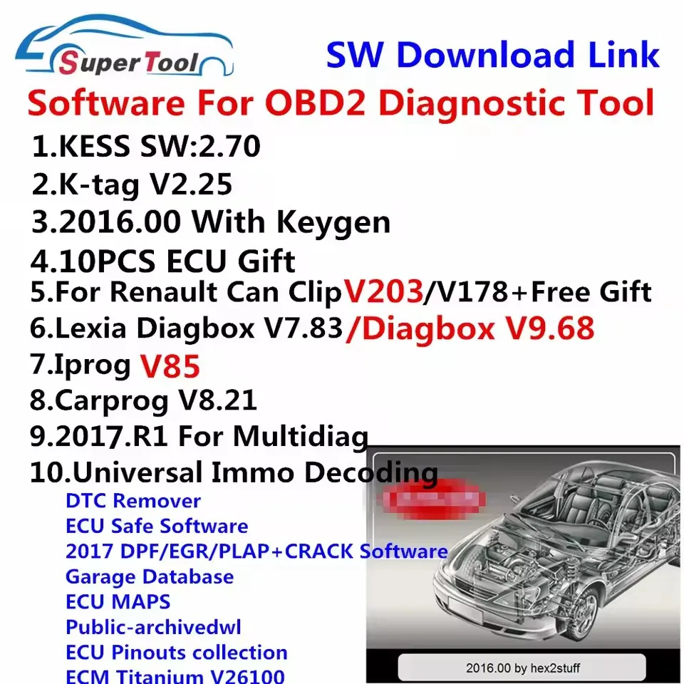 

SW Kess 2,80 2,53 K-tag 2,25 para Renault, Can Clip 216/V178 Lexia 3 Diagbox V9.68 V7.83 Carprog 8,21 2017.R1 Iprog Pro V85