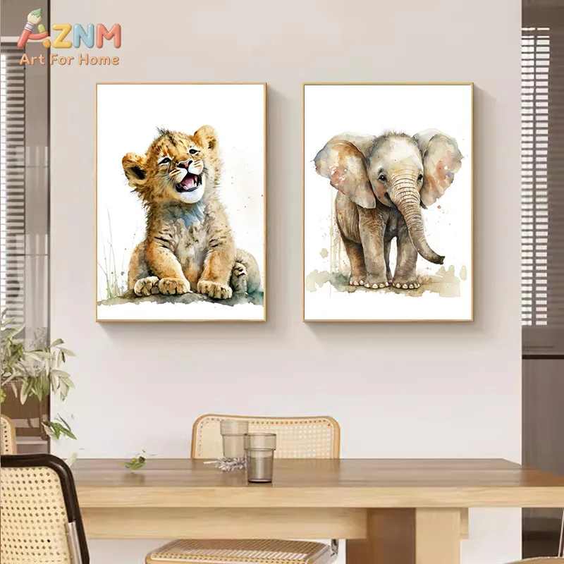 AZNM Watercolor Baby Safari Animals Canvas Wall Art, Cute Giraffe Lion Tiger Cub Print, Frameless Nursery Jungle Animal Illustra