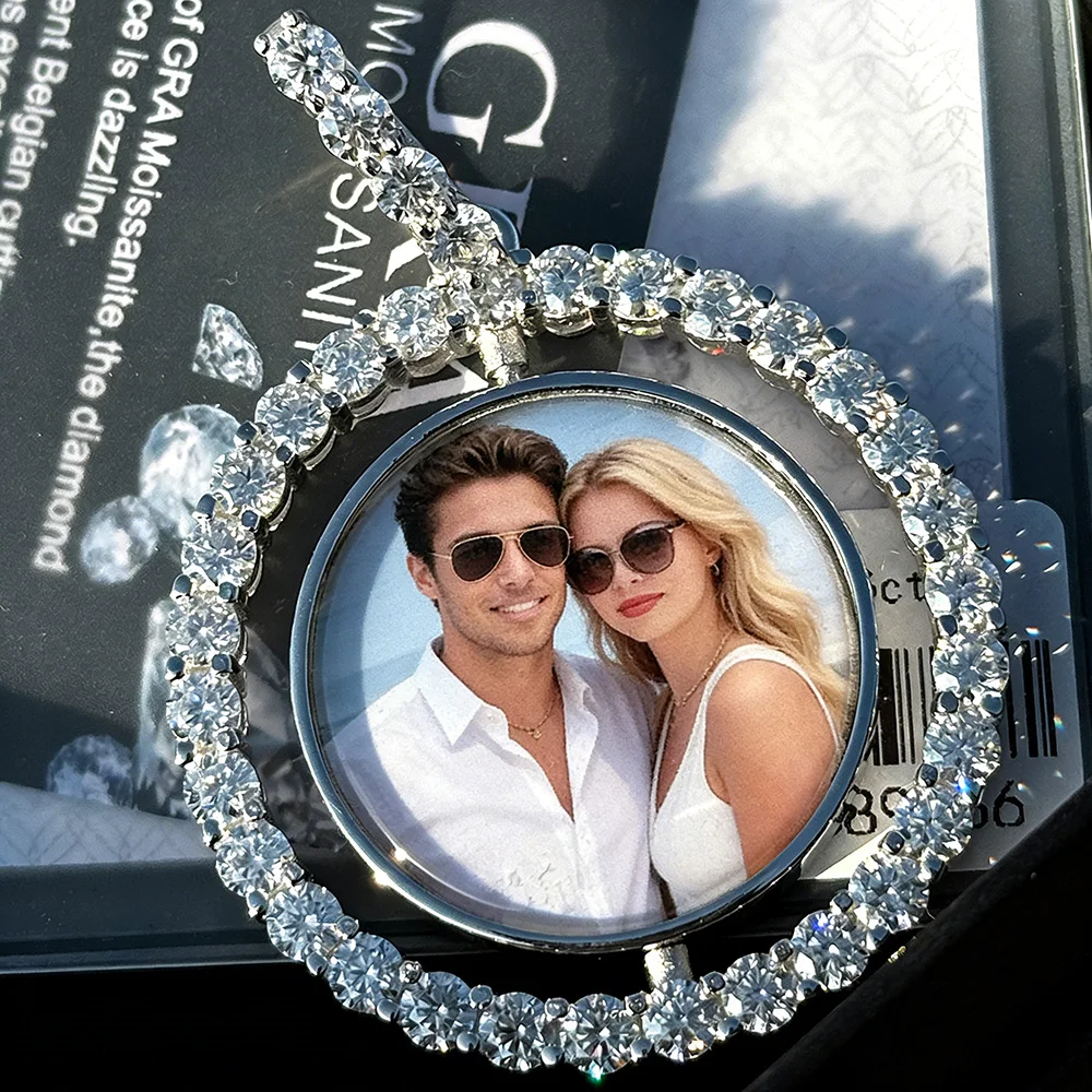 ICEBLIGN Custom Moissanite Photo Pendant 925 Silver Double Sided Rotating Circle Personalized Picture Necklace for Family/Love
