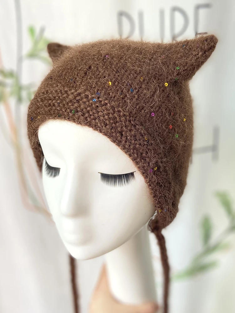 Women Funny Warm Knit Beanies Brown Solid Wool Blended Knitted Hat With Sequins Handmade Stick Needle Knitting Cap