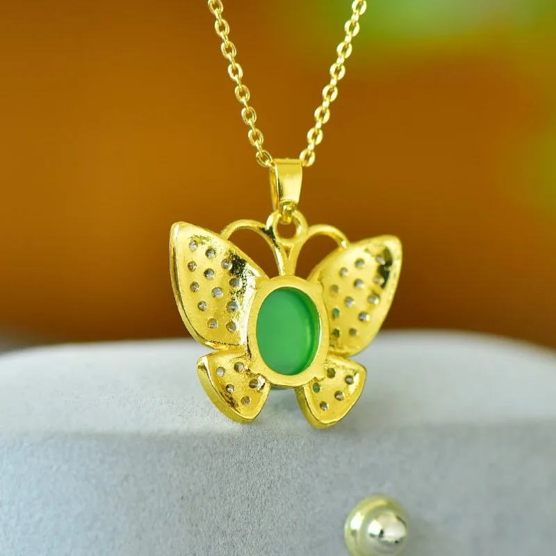 Copper Inlaid Chalcedony Egg Butterfly with White Zirconium Pendant