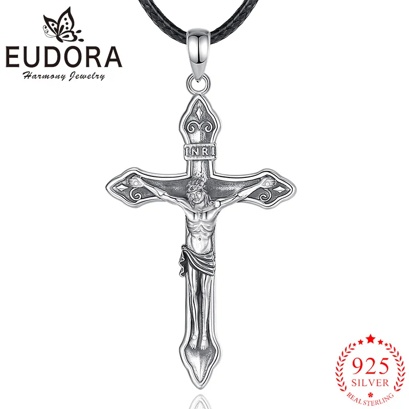 

Eudora стерлингового серебра 925 пробы распятие крест ожерелье Иисус кулон религиозный амулет защита ювелирные изделия винтажный подарок для мужчин женщин