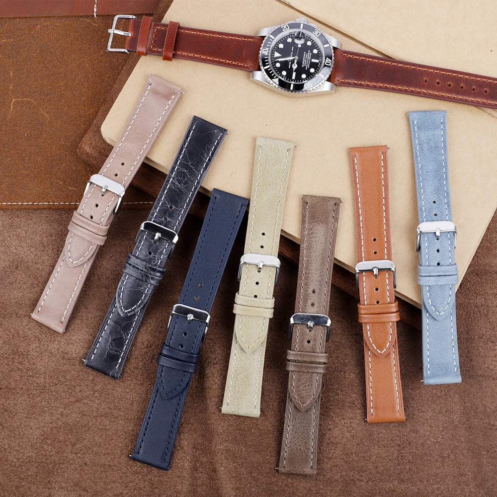 Retro Watch Strap 18mm 19mm 20mm 22mm 24mm High Quality Leather Watchbands Gray Brown Blue for Men Watch Accessories