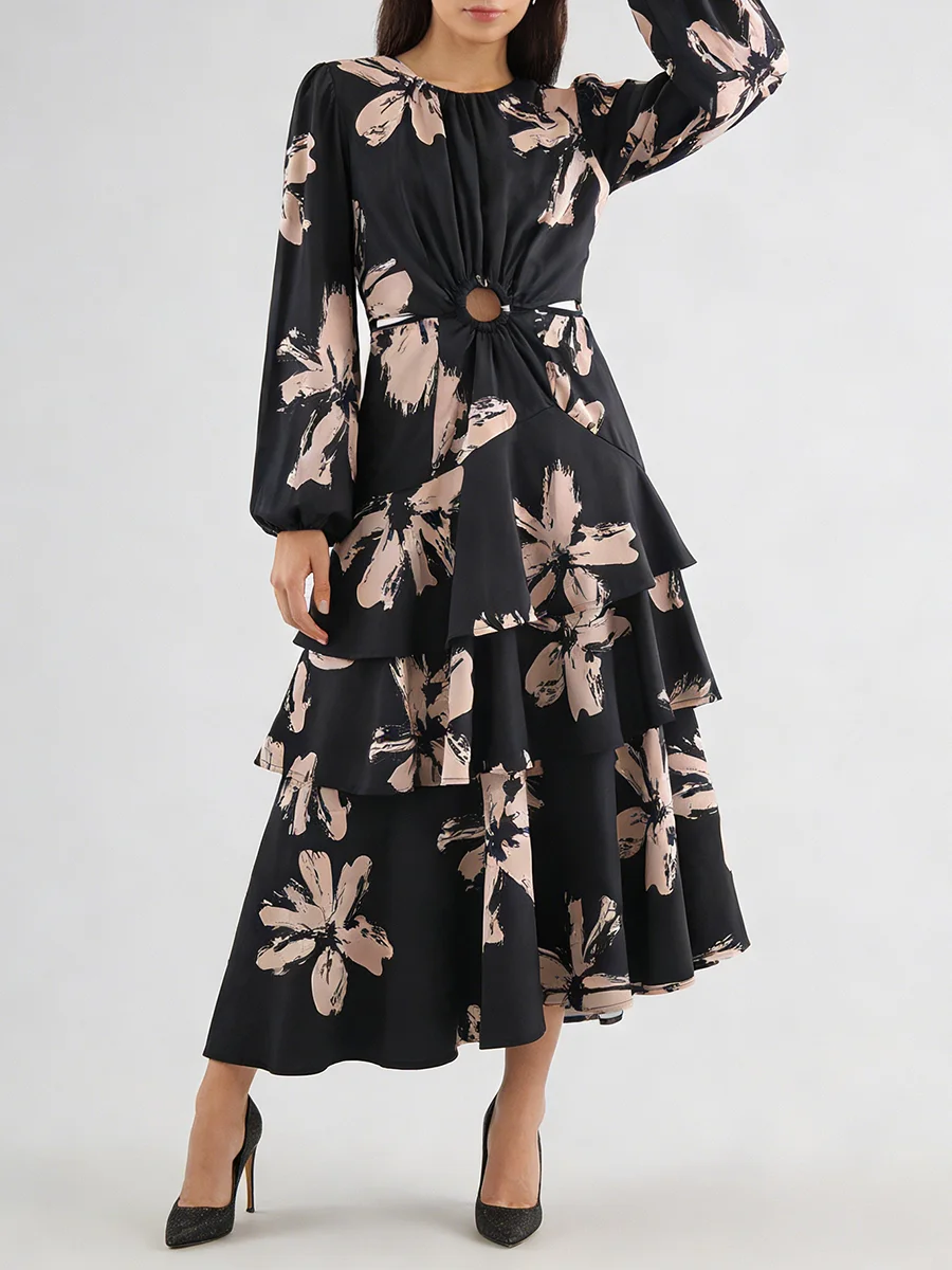 Vestidos Midi Femininos com Estampa Floral Sofisticada VGH, Design com Recorte na Cintura e Barra em Camadas para Reuniões Casuais de Negócios