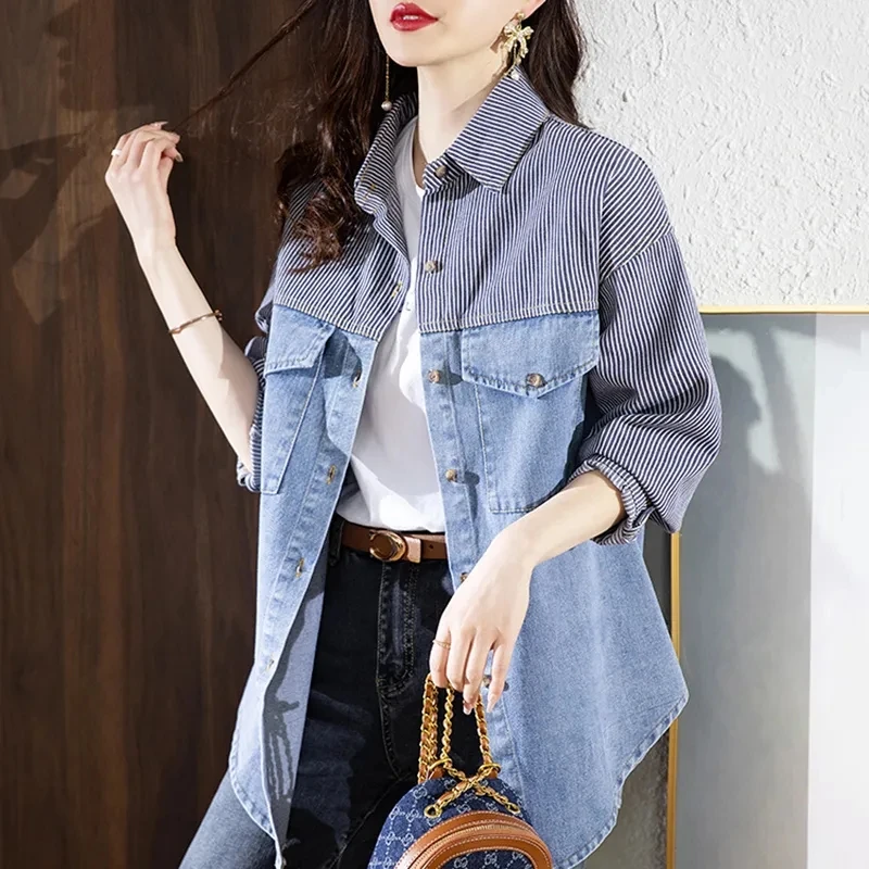 

New Female Cowboy Middle Length Coat Fashion Women Xiaoxiangfeng Cowboy Jacket Spring Autumn Ladies Loose Fitting Outerwear