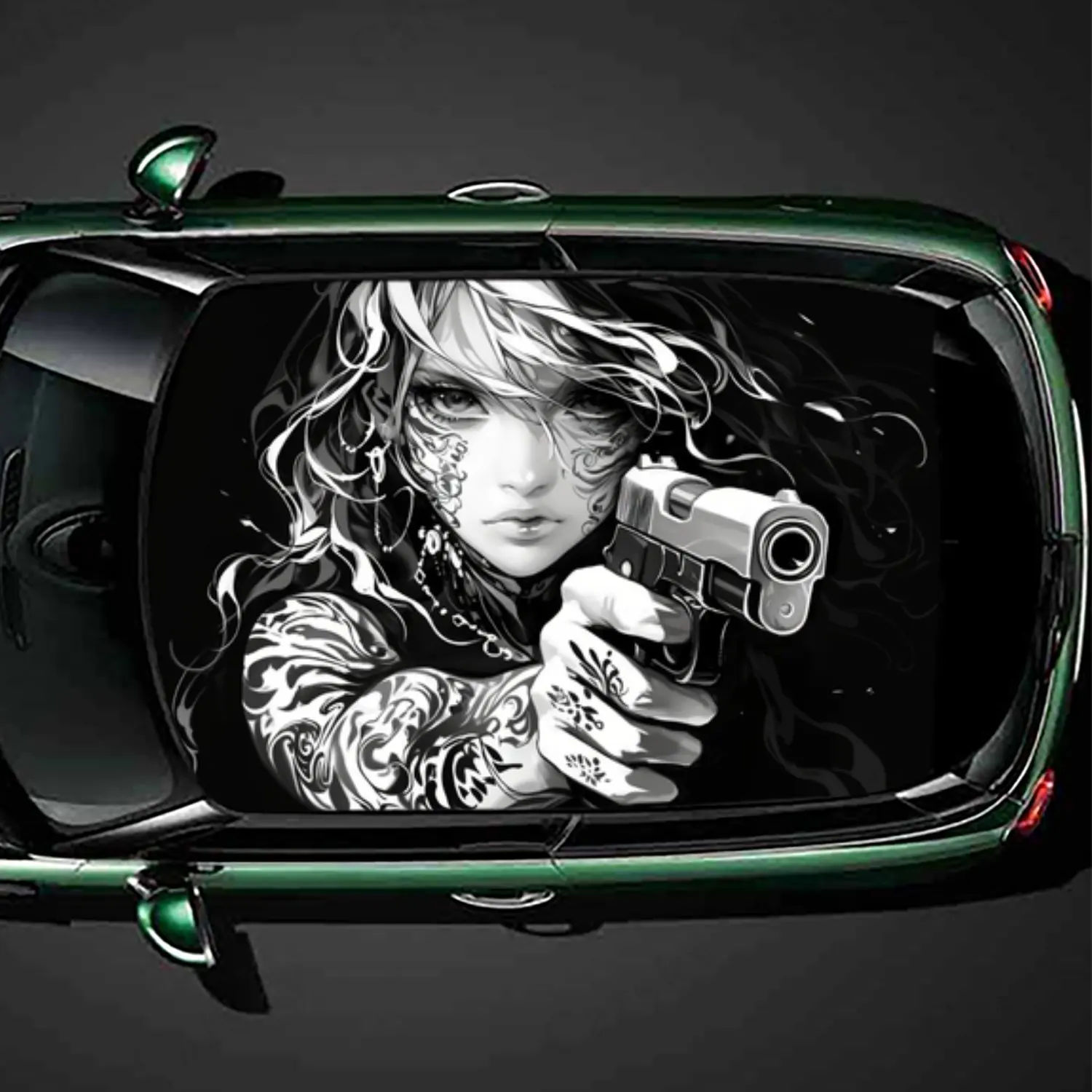 

Tattooed Gunman PVC Car Roof Sticker, Self-Adhesive Waterproof Car vinyl Decal, Car Decoration Protection Stickers, Easy Install