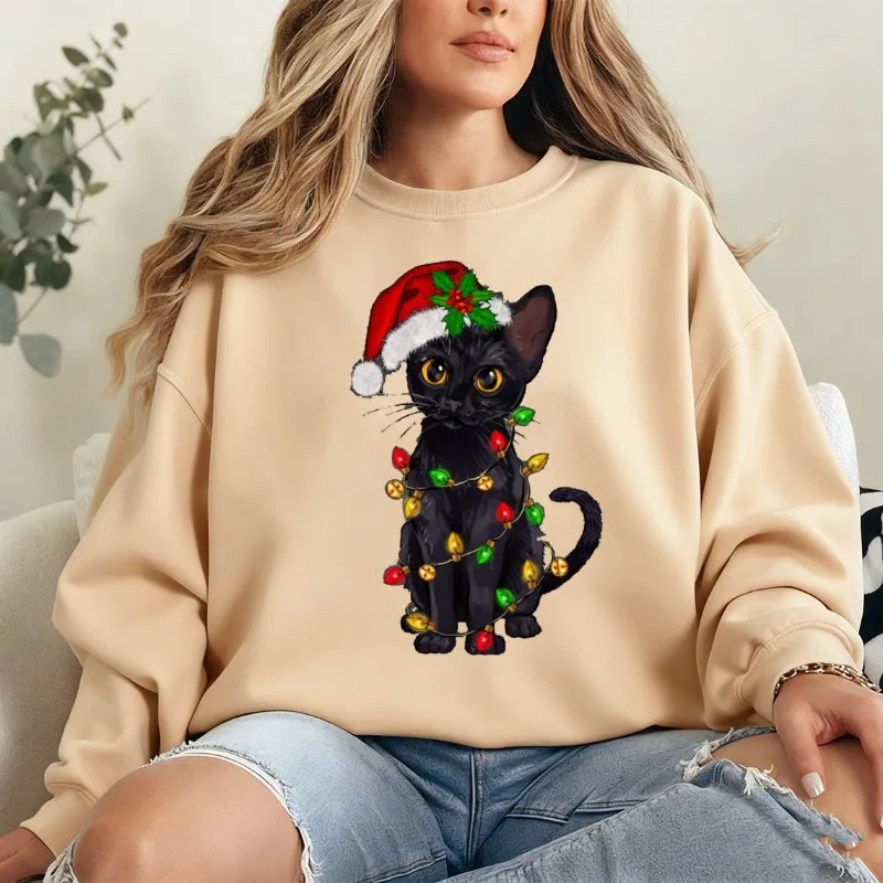 عيد الميلاد سترة القطة السوداء، قميص أضواء عيد الميلاد القط الأسود، قميص عيد الميلاد هريرة عطلة القط عاشق المحملة الهدايا الحرارية هوديي #1