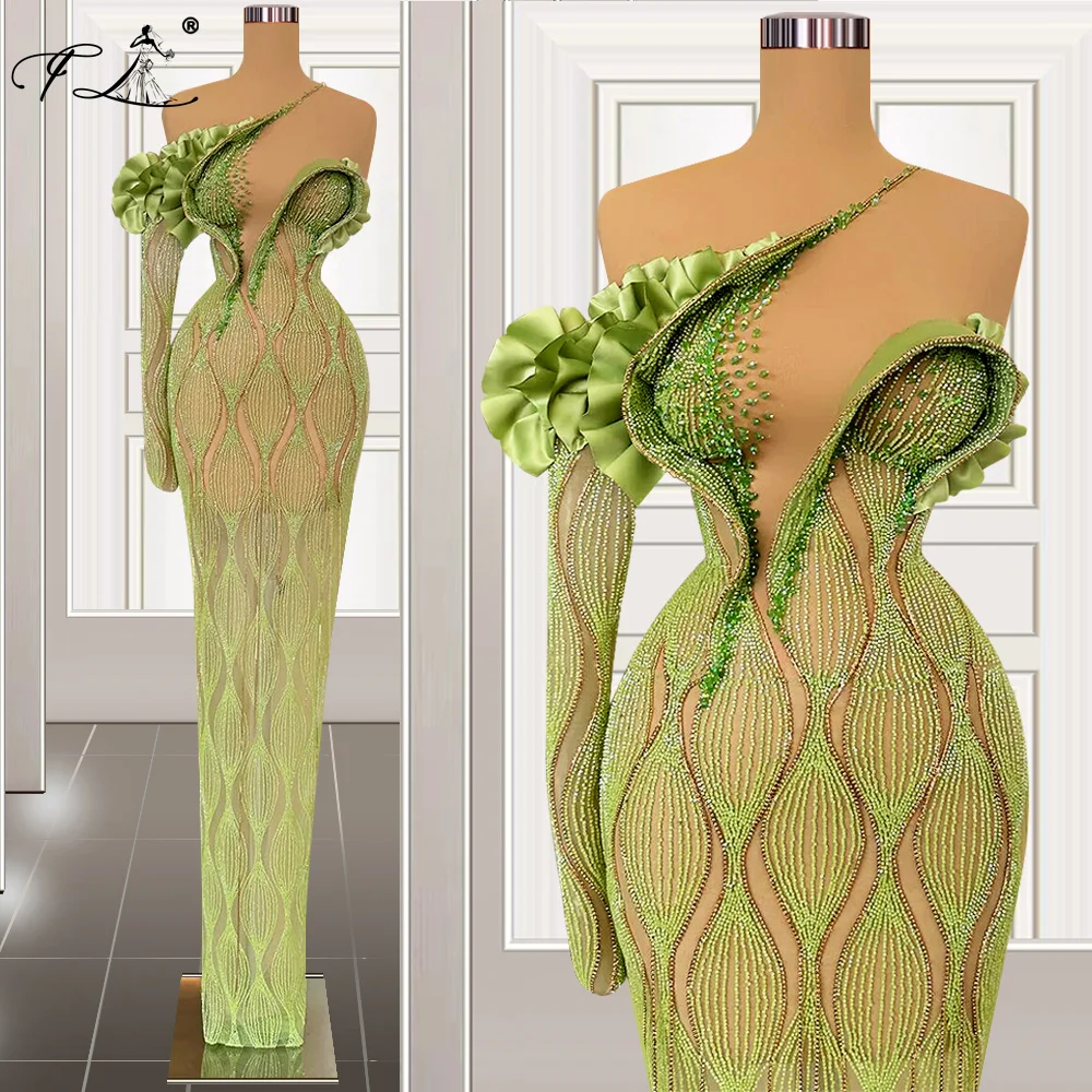 Bright Green Beaded Long Evening Dresses 2024 Summer Crystals Sparkle Sequins Sexy Sheath Prom Gowns Customized