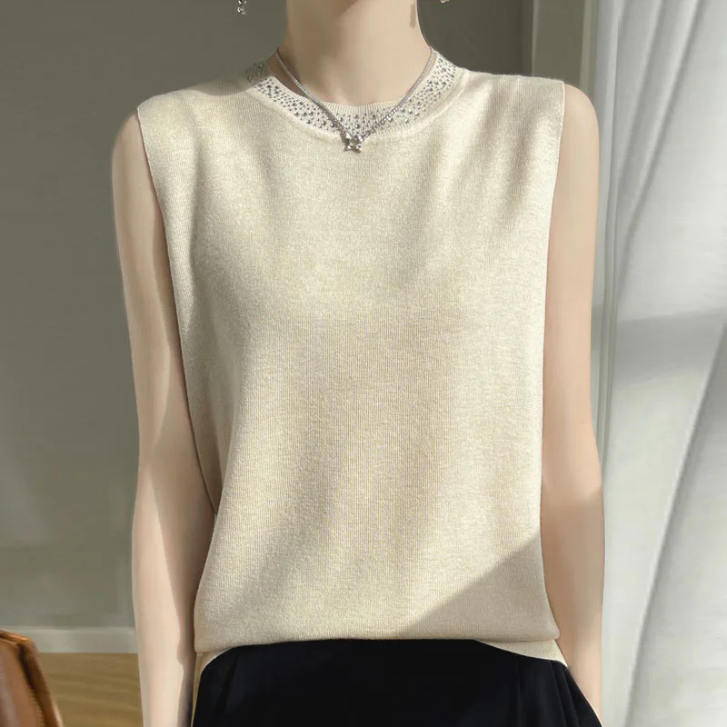 

Fashion Black O-Neck Hotfix Knitted Sweater Women Pullovers New Sleeveless Knit Sweater Pullover Women Tops Women Clothing Q3248