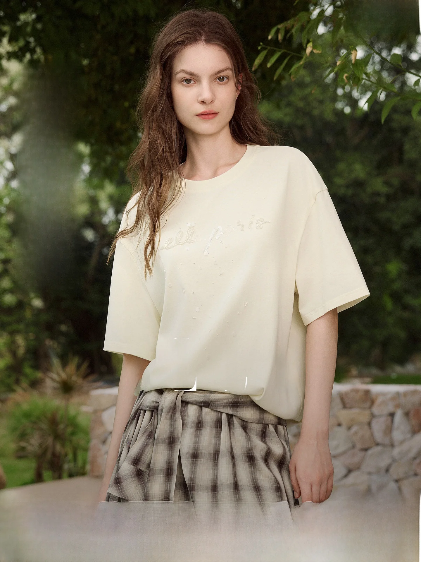 Elle Heavy Embroidery Short Sleeve Women's T-shirt Loose Fit Summer New Design Cotton Lyocell Blend round Neck Top