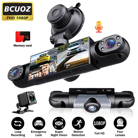 BCUOZ 4-Lens 360° Dashcam, 1080P Front + 720P Built-in Rear Left and Right Car Cameras, Super Night Vision, Loop Recording, G-Sensor, WDR, 12-24V Car Plug Power Supply, Optional 64GB Memory Card.