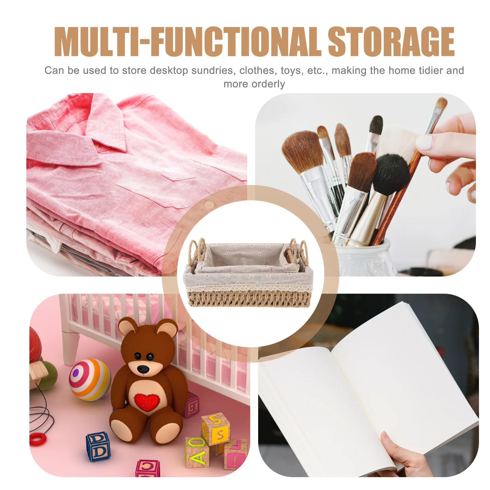 

1Set Woven Storage Basket with Liner Multipurpose Organizer Suitable for Desktop Floor Balcony Household