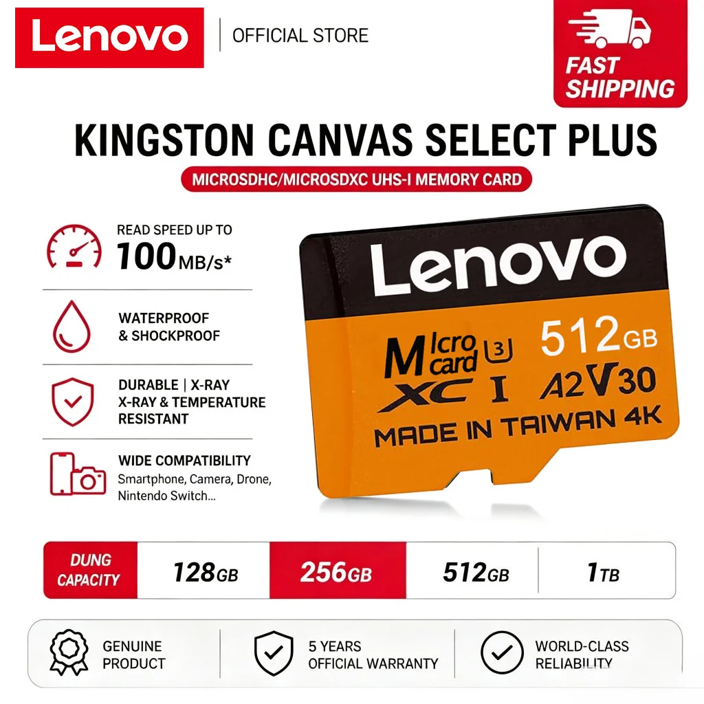 Lenovo High Speed Micro TF SD Card Memory Card 512GB 4K Full HD Video Compatible with Phone GoPro Action Camera 64GB 128GB 256GB
