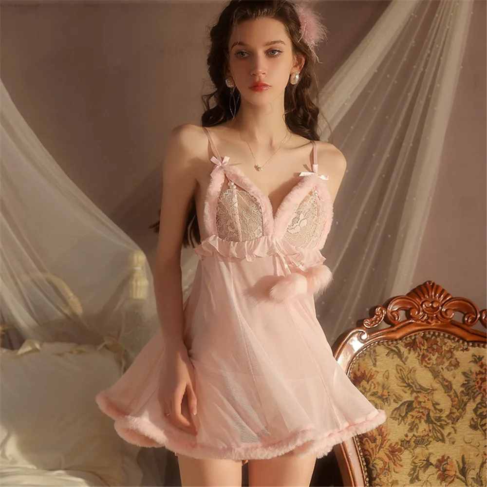 

Sexy Pulsh Trim Chiffon Nightgown Summer Suspender Nightdress Home Dress Female Lace Nightie Lounge Wear