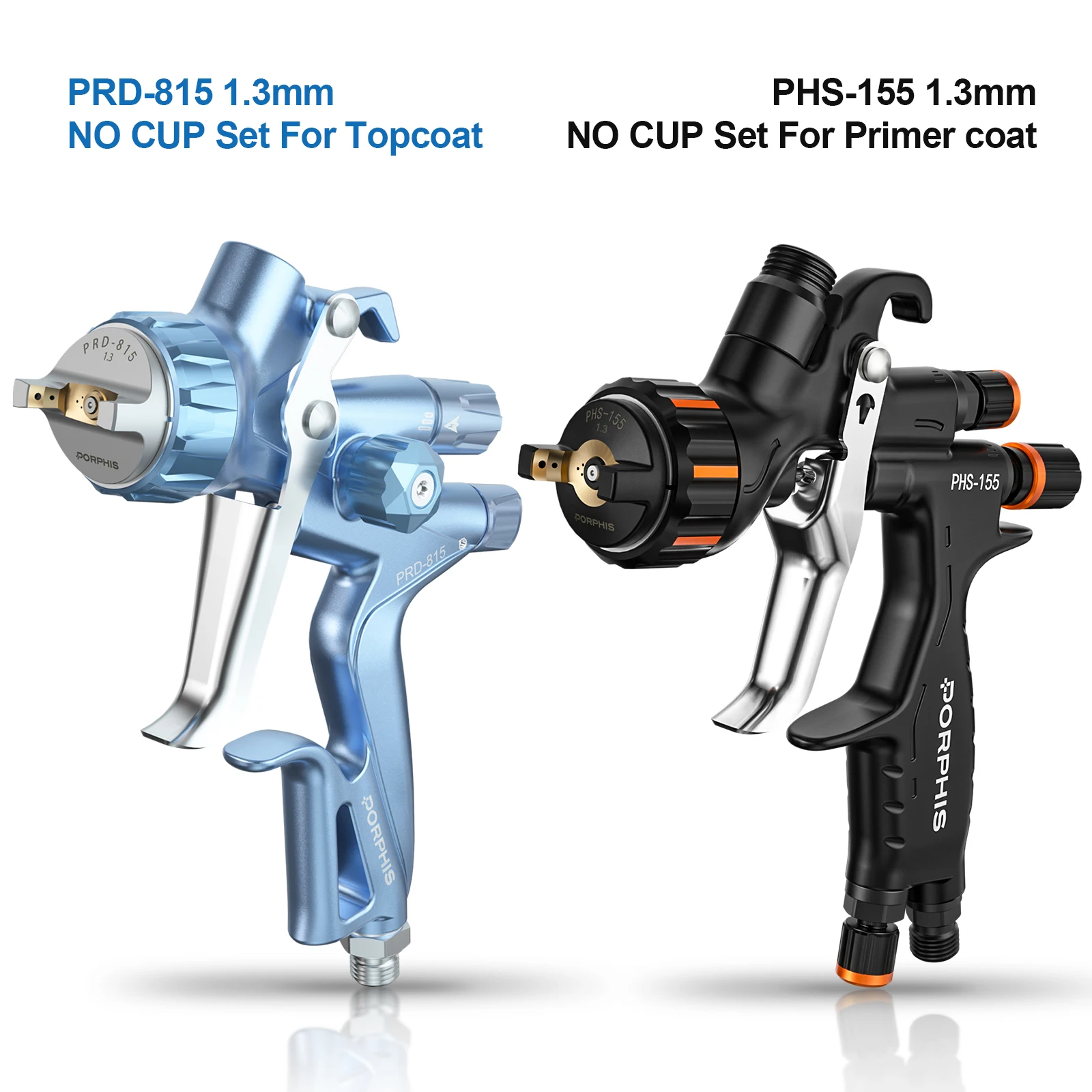 PORPHIS PHS-155 PRD-815 No Cup Dual Spray Gun Set Automotive Paint Gun Kit for Clear Coat Basecoat Primer Refinish Spray Tool
