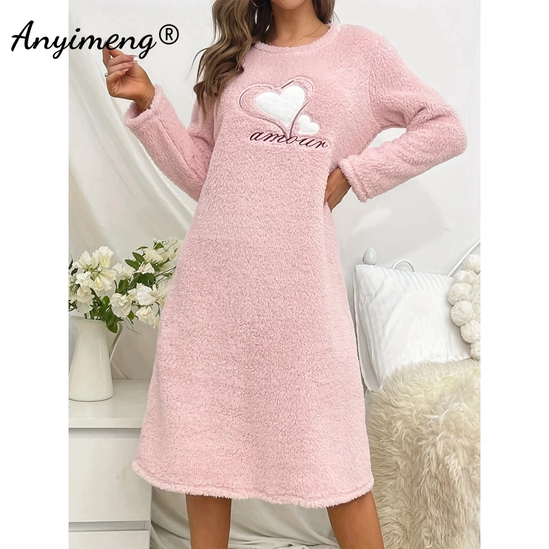 Flannel Night Gown for Women Winter Long Sleeves Heart Print Nightgowns Woman Soft Sleepshirt Pink Pullover Pajama Dress