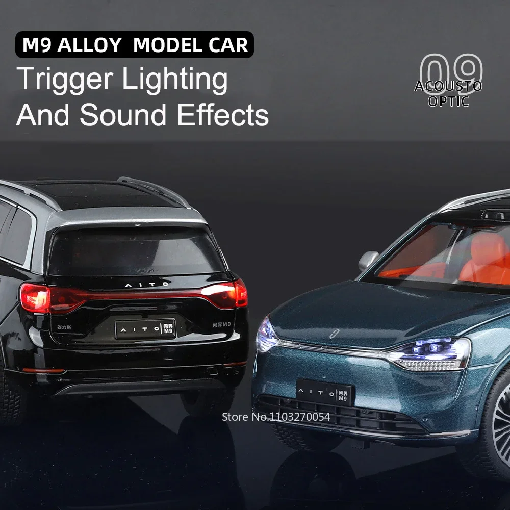 1:24 AITO M9 SUV Modell Spielzeug Auto Legierung Metall Druckguss Sound Licht Zurückziehen 6 Tür Geöffnet Gummi Reifen Fahrzeug Sammeln Ornament