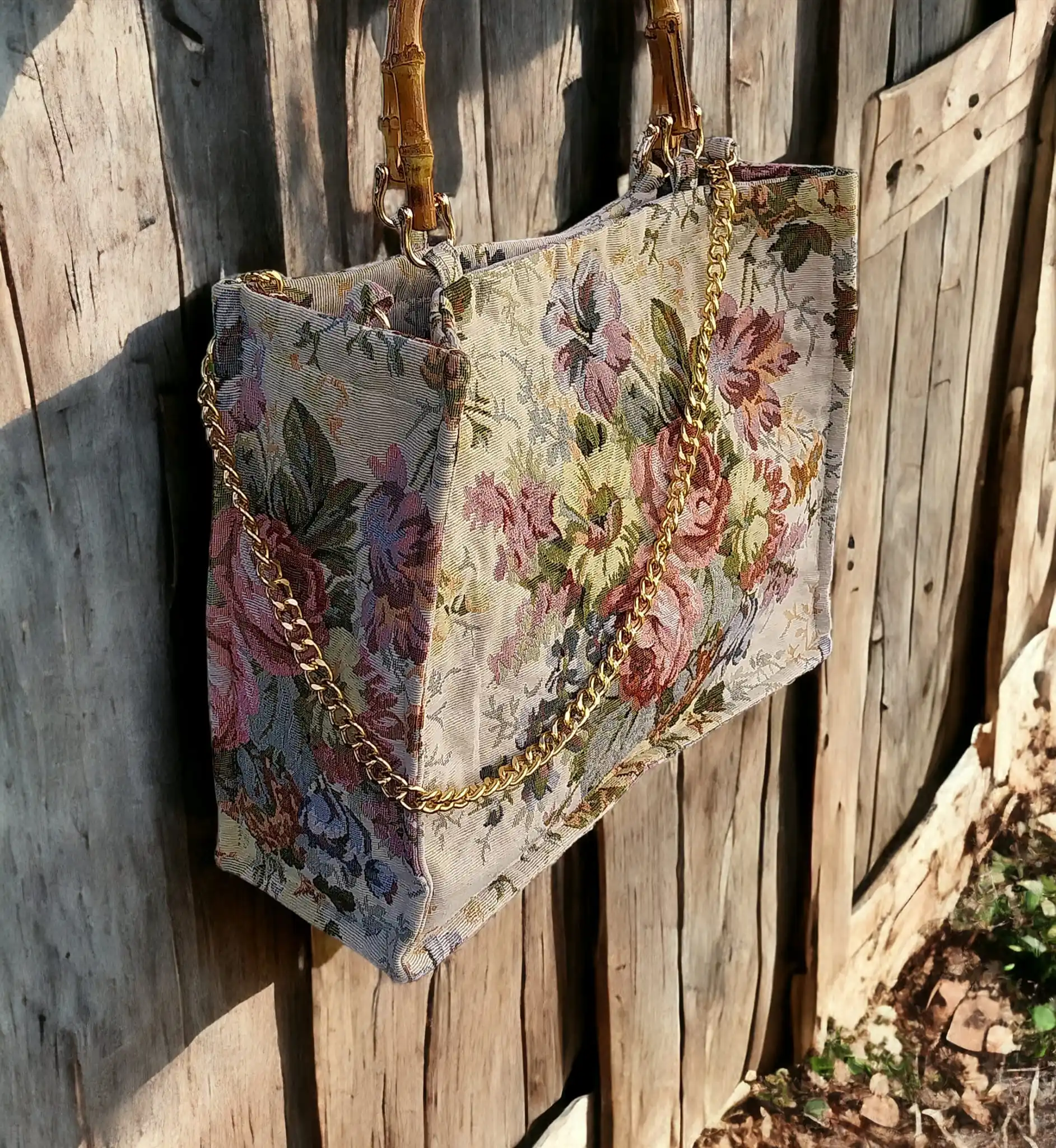Lost in Vintage Jacquard Top Griff Tragetasche Upper Handle Clutch Tote Bag Floral Big Bag Bamboo Handle 40x10x33cm Bolso estamp
