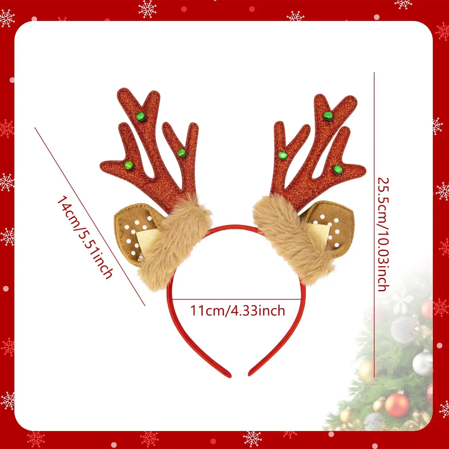 1개 크리스마스 순록 뿔 머리띠 반짝이는 인조 털 귀, 여성 및 소녀들을 위한 축제 파티 헤어 액세서리