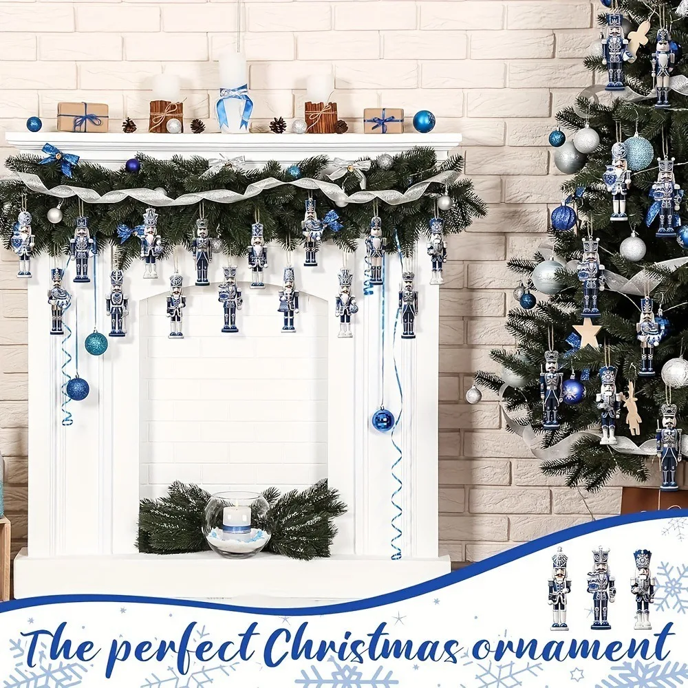 12/24Pcs Wooden Nutcracker Soldier Pendant Blue and White Porcelain Design Mixed Style Xmas Tree Hanging Ornament with Rope