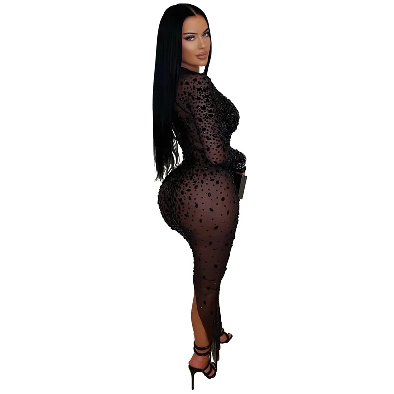 Doyerl Mesh See Through Zwarte Strass Jurk Luxe Sexy Vrouw Nachtclub Party Lange Mouw Terug Split Bodycon Maxi Jurken