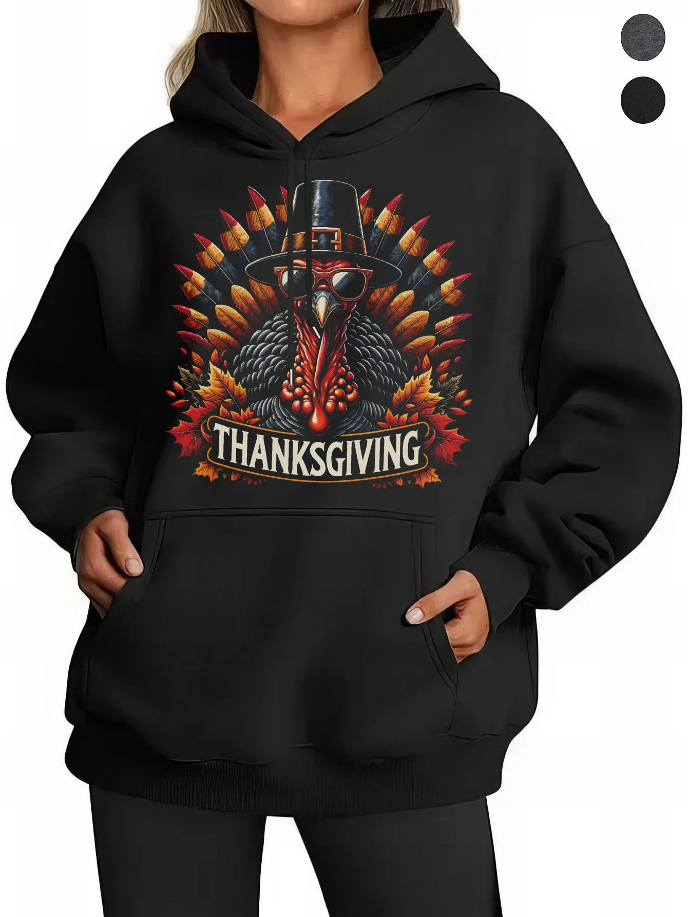 Diseño de camiseta de Turquía de Acción de Gracias, cómodas sudaderas con capucha negras y grises para mujer, ajuste holgado de algodón para Halloween, relajación de Otoño/Invierno