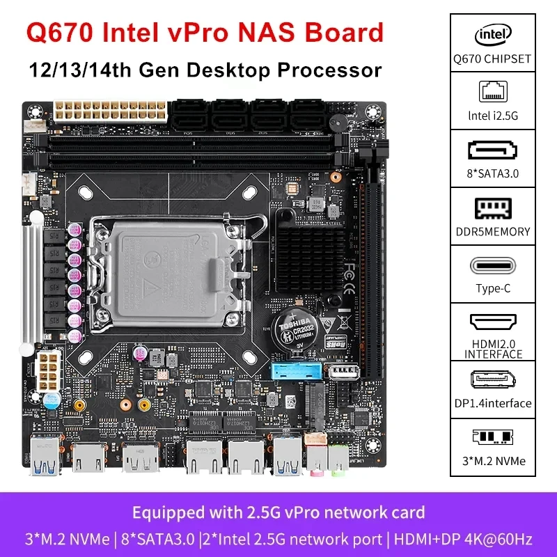 Q670 intel vpro 8 baias nas placa-mãe 12/13/14th gen lga1700 cpu 3x nvme 8x sata3.0 1x pciex16 2x ddr5 2x 2.5g lan placa-mãe